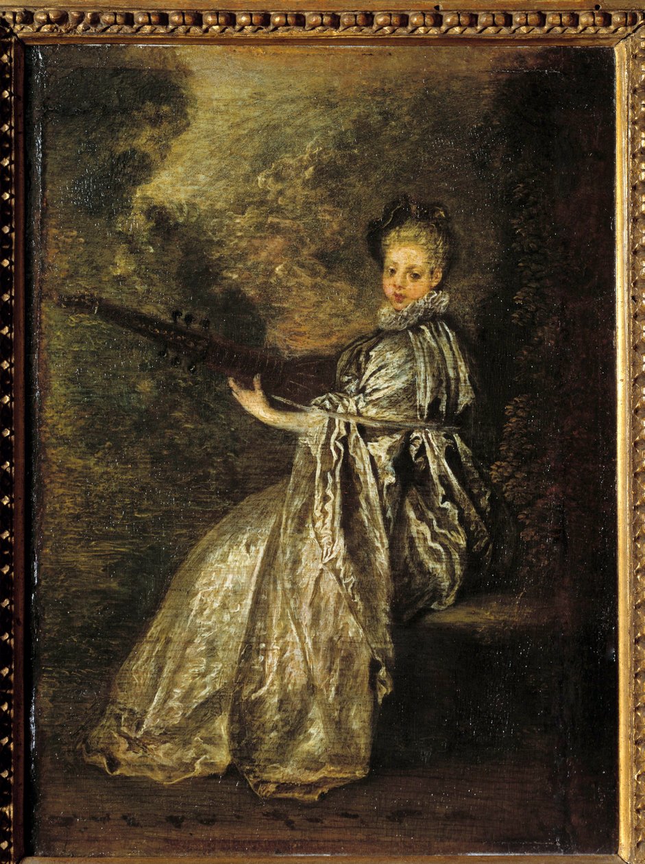 演奏弦乐器的纤细女孩。 Jean Antoine Watteau (1684-1721) 的画作，十八世纪 0,25x0,19 m 作者 让·安托万·沃托