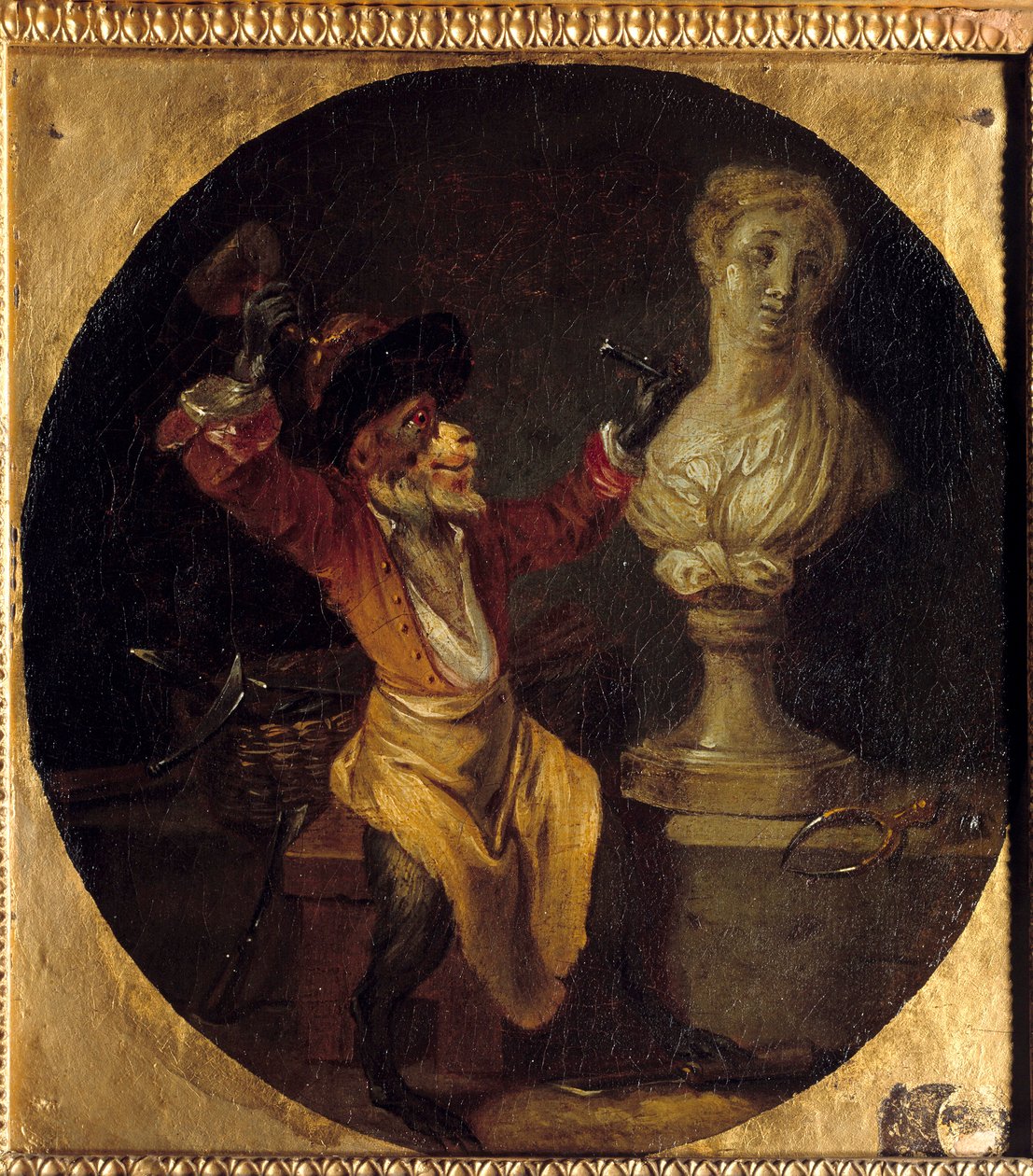雕刻家猴子。 处于人的位置的动物。 让·安托万·华托 (Jean Antoine Watteau) 的绘画 (1684-1721) 作者 让·安托万·沃托