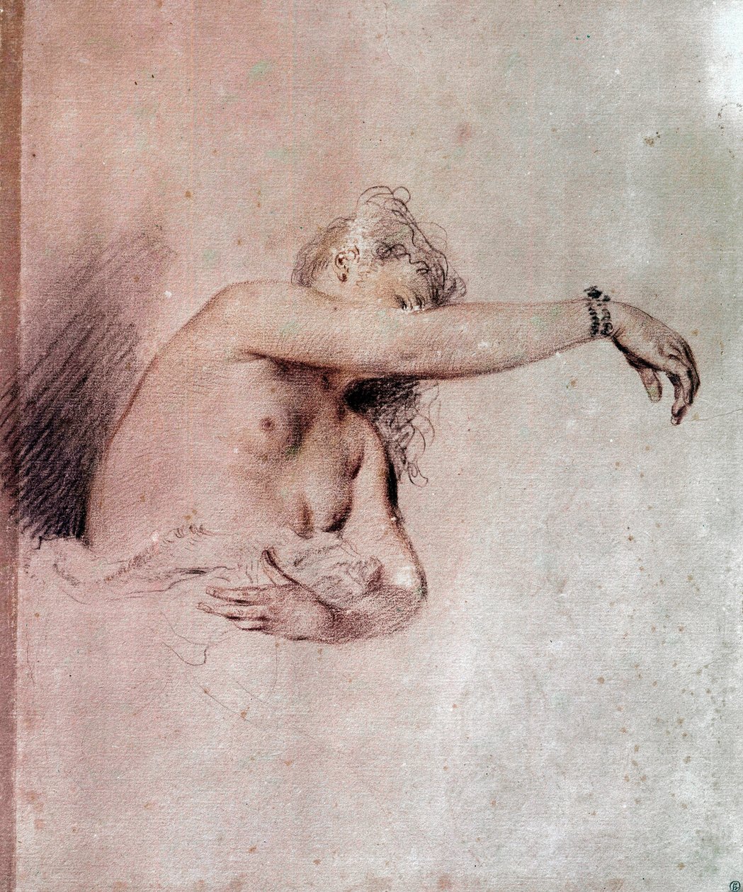 女子赤身裸体，手臂高举 绘制血图，让-安托万-瓦托（1684-1721） 18世纪 太阳。0,28x0,23米 巴黎，卢浮宫博物馆 作者 让·安托万·沃托