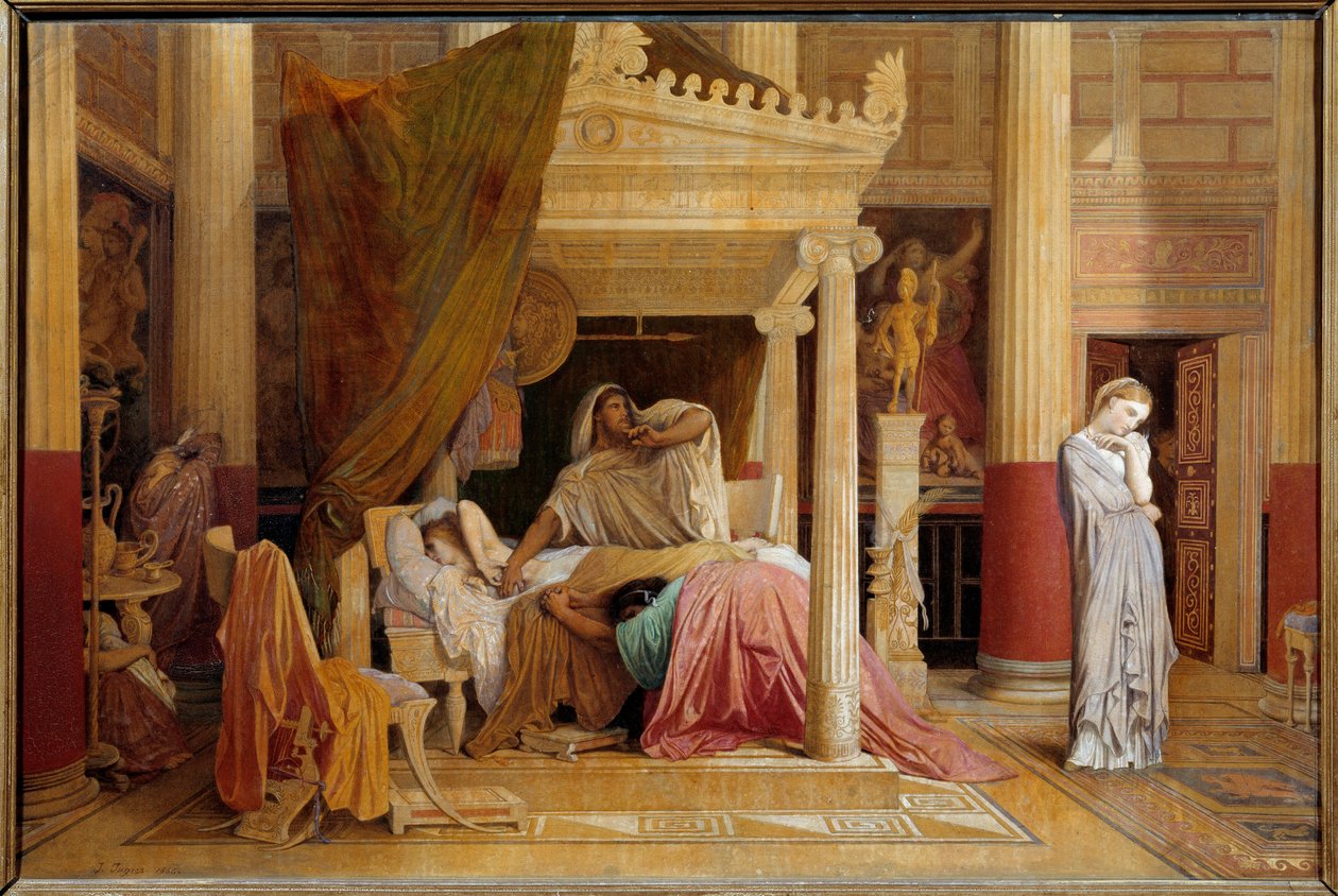 Antiochus disease or Antiochus and Stratonice Antiochus (324-261 BC) is sick of love for his stepmother Stratonice. Painting on canvas by Raymond Balze after the painting by Jean Auguste Dominique Ingres (1780-1867) 1866 Dim. 0,61x0,92 m Montpellier, musee 作者 让·奥古斯特·多米尼克（后）因格莱斯