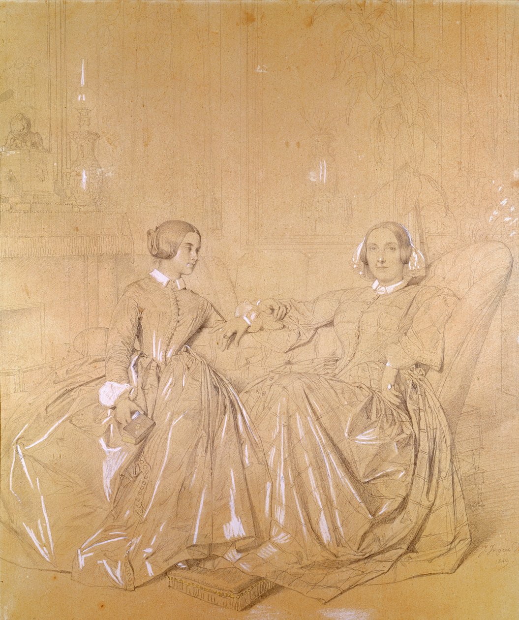 伯爵夫人Charles d&39;Agoult（1805-76）和她的女儿Claire d&39;Agoult，1849年5月（铅笔用白色粉笔在纸上） 作者 让·奥古斯特·多米尼克·英格里斯