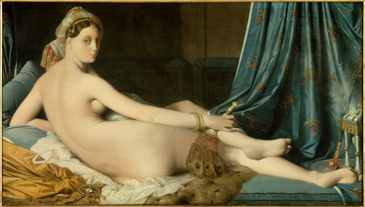 让·奥古斯特·多米尼克·安格尔（Jean Auguste Dominique Ingres，1780-1867 年）1814 年昏暗的大宫女绘画。 0,91 x 1,62 m - Grande Odalisque。 多米尼克·安格尔 (Dominique Ingres) 的绘画 (1780-1867) 作者 让·奥古斯特·多米尼克·英格里斯