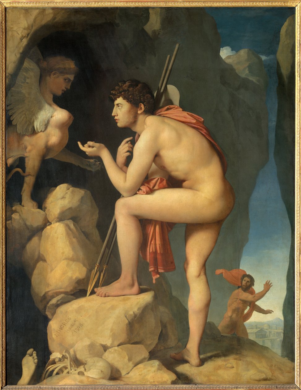 俄狄浦斯解释了让·奥古斯特·多米尼克·安格尔（Jean Auguste Dominique Ingres，1780-1867）1808 年作画的狮身人面像之谜。 1,89 x 1,44 m - 俄狄浦斯解释狮身人面像之谜。 多米尼克·安格尔 (Dominique Ingres) 的绘画 (1780-1867) 作者 让·奥古斯特·多米尼克·英格里斯