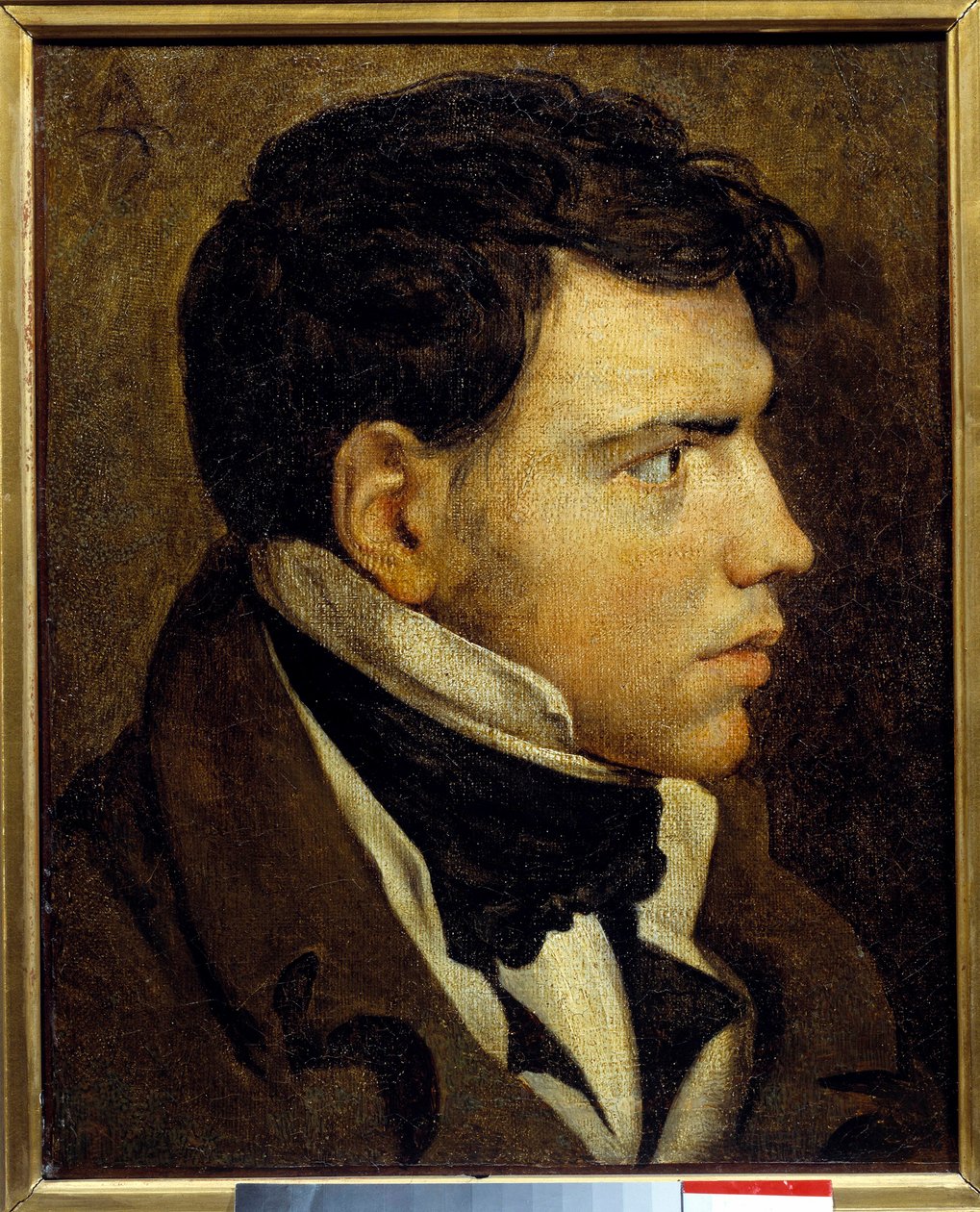 让·奥古斯特·多米尼克·安格尔（Jean Auguste Dominique Ingres，1780-1867 年）19 世纪的画作《一个年轻人的肖像》。 0,39x0,31 m 巴约讷，博纳博物馆 - 一个年轻人的肖像。 多米尼克·安格尔 (Dominique Ingres) 的绘画 (1780-1867) 作者 让·奥古斯特·多米尼克·英格里斯