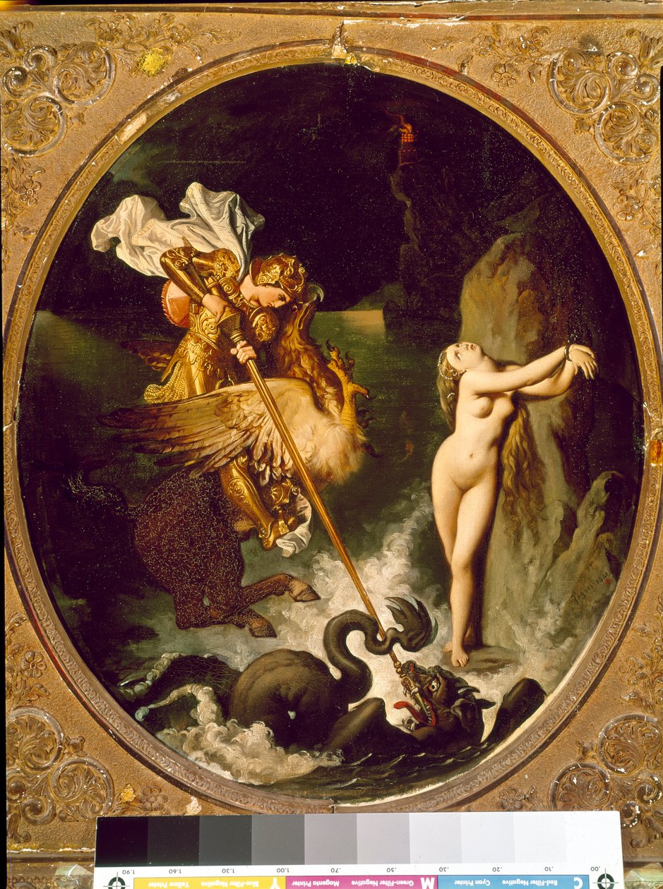 Roger delivrant Angelique Angelique (Angelica) is liberated by Roger (Ruggero, Ruggiero) rides on a hippoclaw - Illustration of the X Song of “” Furious Roland” (Orlando furioso) by Ludovic Ariosto (Arioste) - Painting by Jean Auguste Dominique Ingres (178 作者 让·奥古斯特·多米尼克·英格里斯