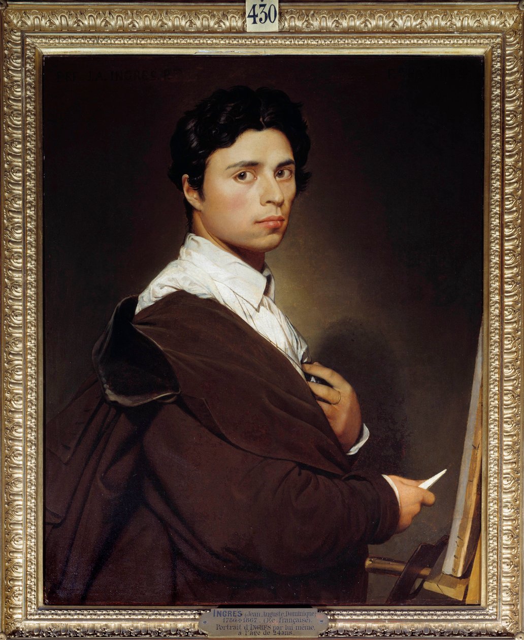 让·奥古斯特·多米尼克·安格尔（Jean Auguste Dominique Ingres，1780-1867 年）24 年的自画像，1804 年 0,77x0,61 米尚蒂伊，孔德博物馆 - 24 岁时的自画像。让·奥古斯特·多米尼克·安格尔（Jean Auguste Dominique Ingres）（1780-1867）1804 年作画。0.77 x 0.61 米。 孔德博物馆，尚蒂伊，法郎 作者 让·奥古斯特·多米尼克·英格里斯