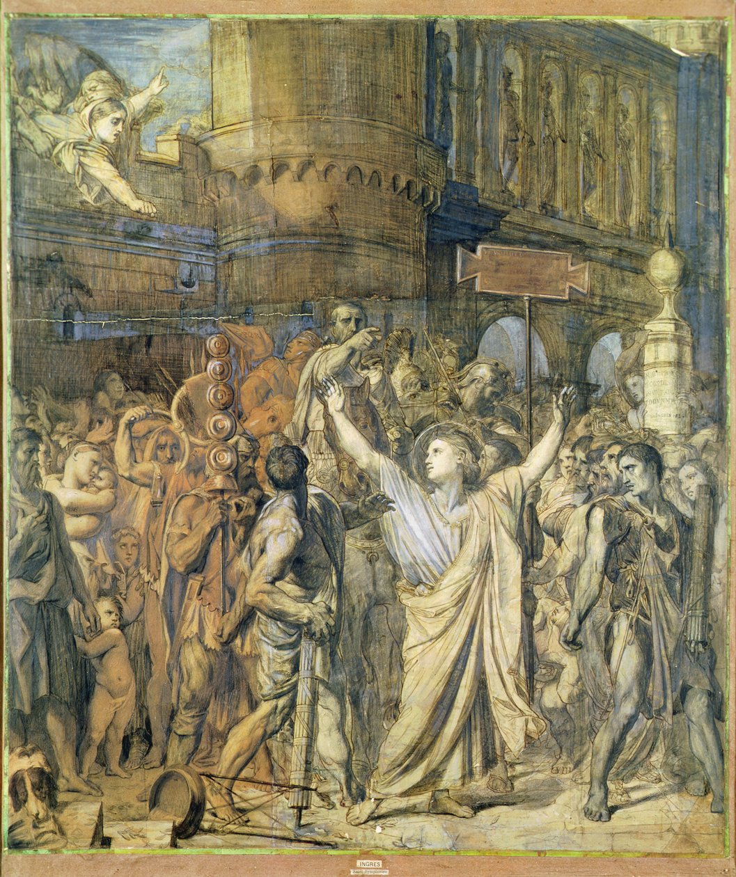 St. Symphorian的殉难，1834年（描图纸上的钢笔和墨水） 作者 让·奥古斯特·多米尼克·英格里斯