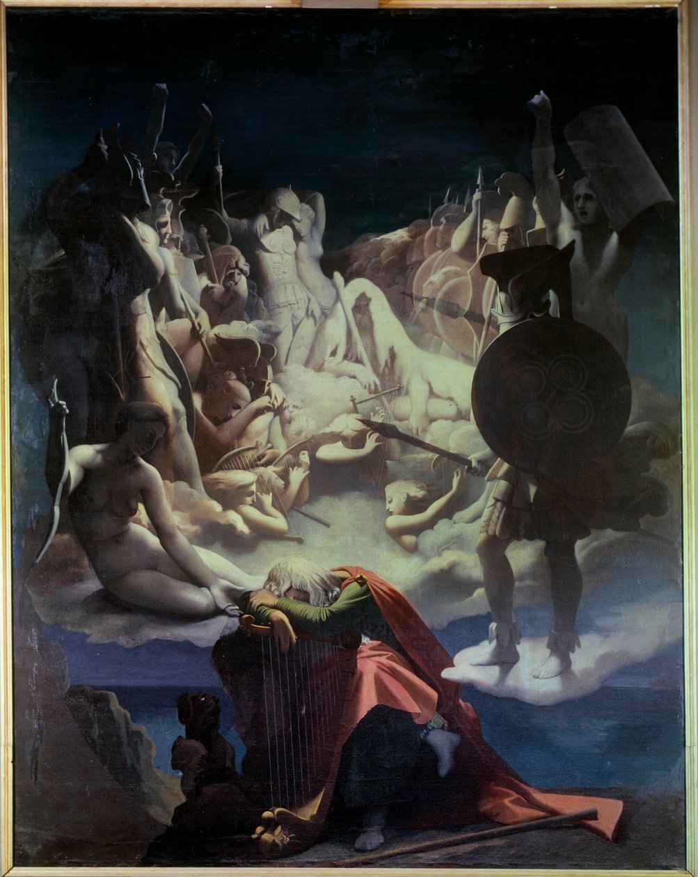 让·弗朗索瓦 (Jean-Francois) Le Sueur (Lesueur) (1760-1837) 歌剧《Ossian or the Bards》的插图，吟游诗人 Ossian 是拿破仑所读的 3 世纪苏格兰诗人， 他是一个睡在七弦琴上的代表，behi 作者 让·奥古斯特·多米尼克·英格里斯
