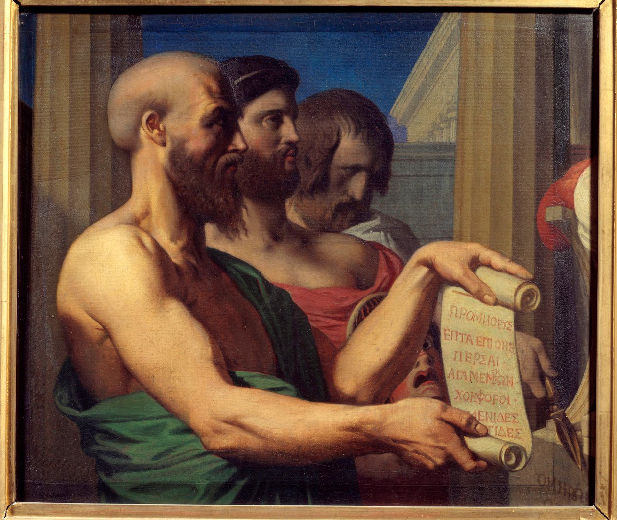 The tragic Greek Portraits of playwrights Aschylus (525-456 BC), Sophocles (495-406 BC) and Euripides (480-406 BC). Painting by Jean Auguste Dominique Ingres (1780-1867) 1866 Angers, Musee des Beaux Arts 作者 让·奥古斯特·多米尼克·英格里斯