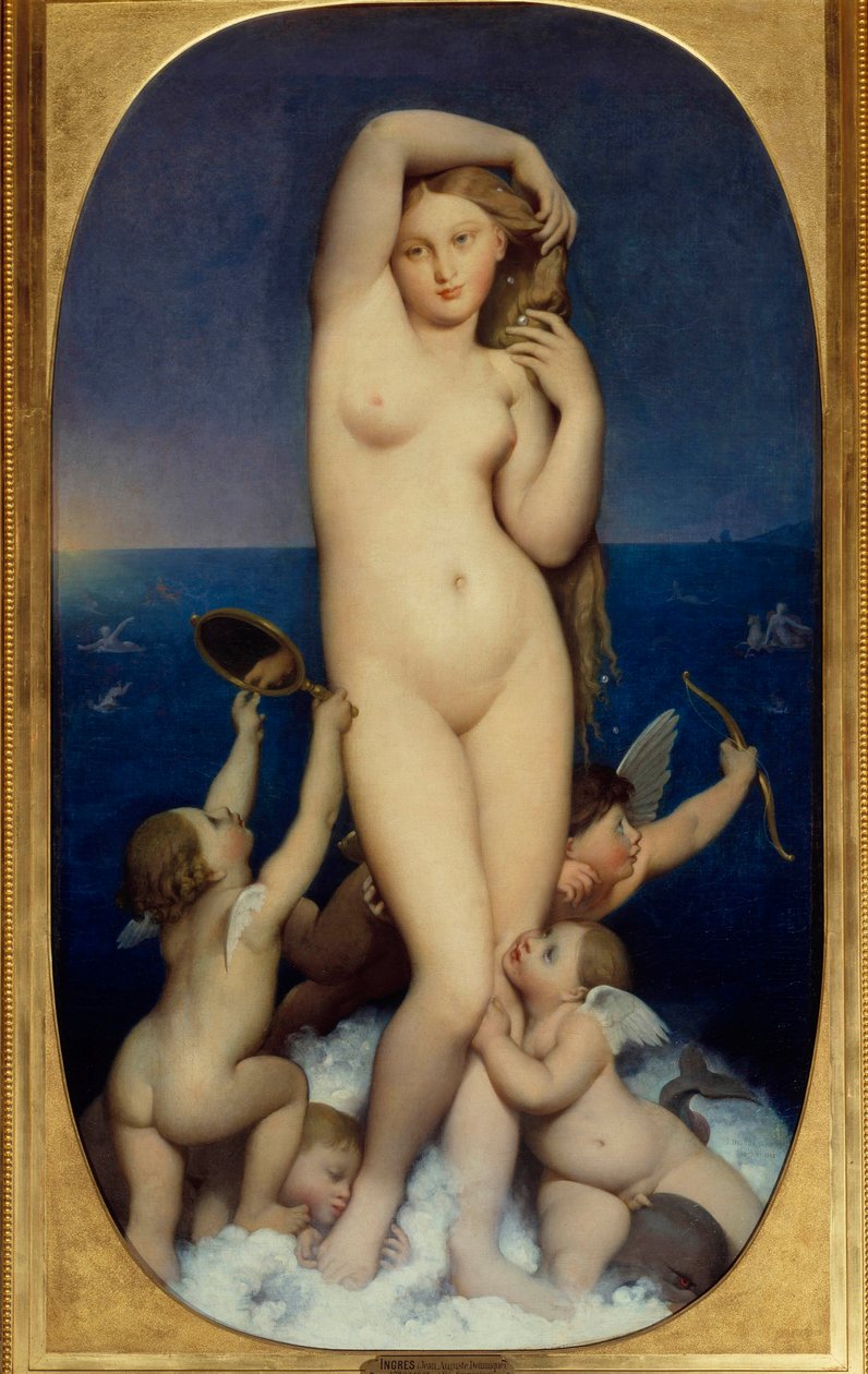 让·奥古斯特·多米尼克·安格尔 (Jean Auguste Dominique Ingres，1780-1867 年) 19 世纪的《维纳斯Anadyomene》画作。 1,6x0,9 m 尚蒂伊，孔德博物馆 - Venus Anadyomene。 让·奥古斯特·多米尼克·安格尔 (Jean Auguste Dominique Ingres) 的绘画 (1780-1867) 作者 让·奥古斯特·多米尼克·英格里斯