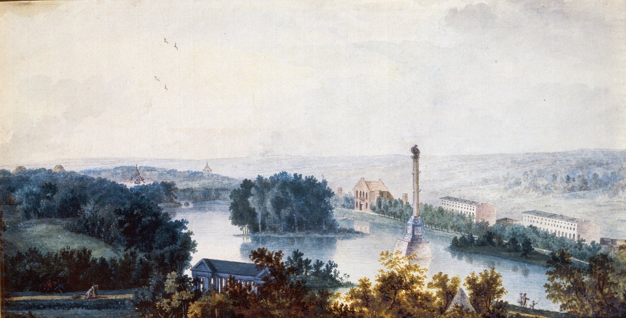 "Tsarskoye Selo.让-巴尔塔扎德-德拉特拉弗斯（18 世纪）创作的 "切斯梅圆柱"，纸面水彩画 作者 让·巴尔塔泽·德拉·特拉弗斯