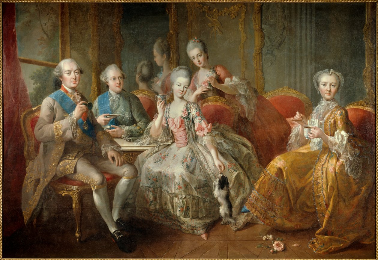1768年的潘提弗尔公爵家庭或 "La Tasse de Chocolat"：潘提弗尔公爵（1725-1793）、他的儿子兰巴勒亲王（1747-1768）、兰巴勒公主（1749-1792）和他的女儿潘提小姐的重合画像。 作者 让·巴蒂斯特·夏蓬蒂尔