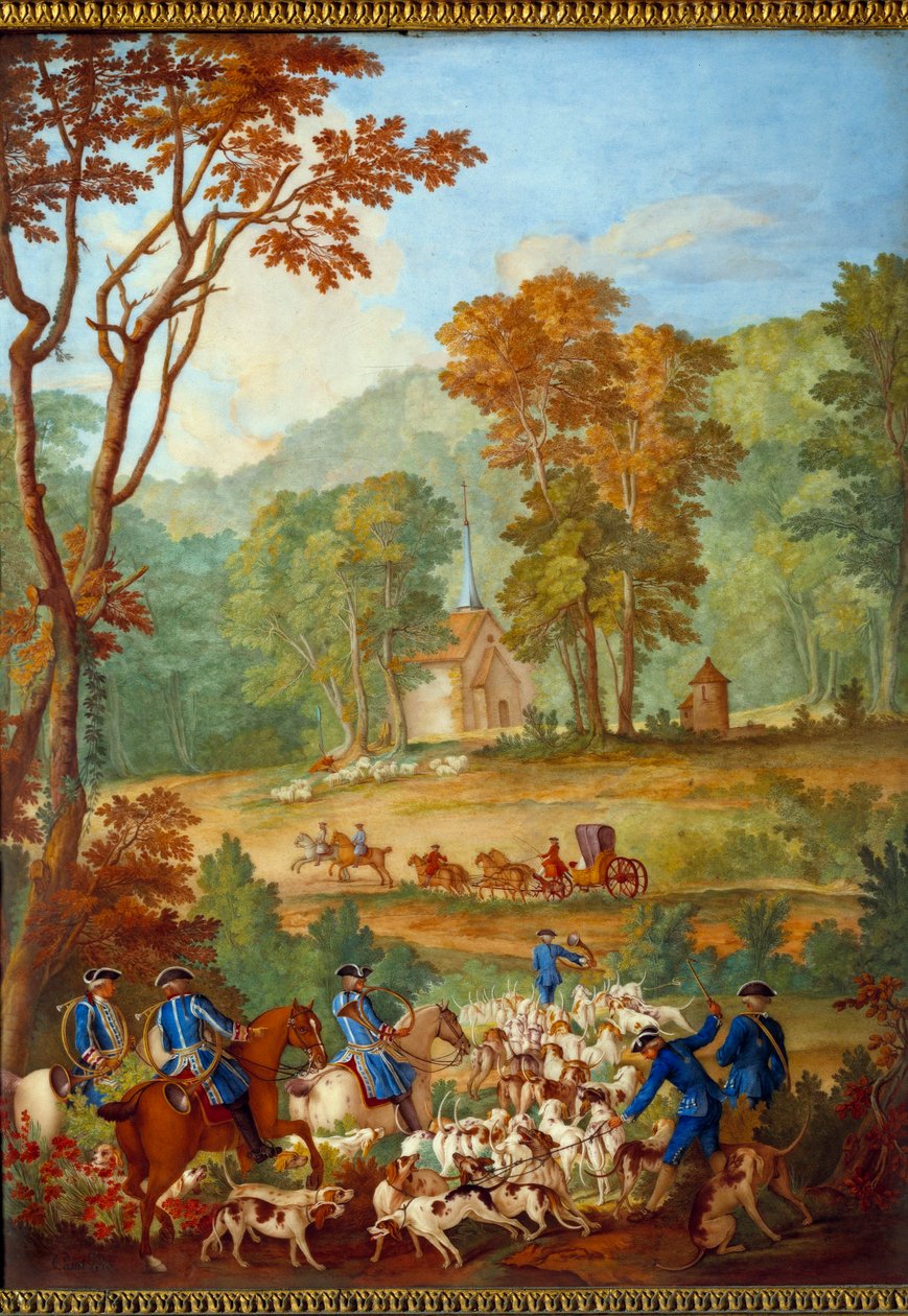 描绘路易十六 (1754-1793) 狩猎的牌匾：“在贡比涅森林参加会议的一群普通狗” Philippe Castel（约 1746-1797 年）的瓷画，Jean Baptiste Oudry（1686-1755 年） ) 1778-1781 昏暗。 0,39x0,49 m 作者 让·巴蒂斯特（后）奥德利
