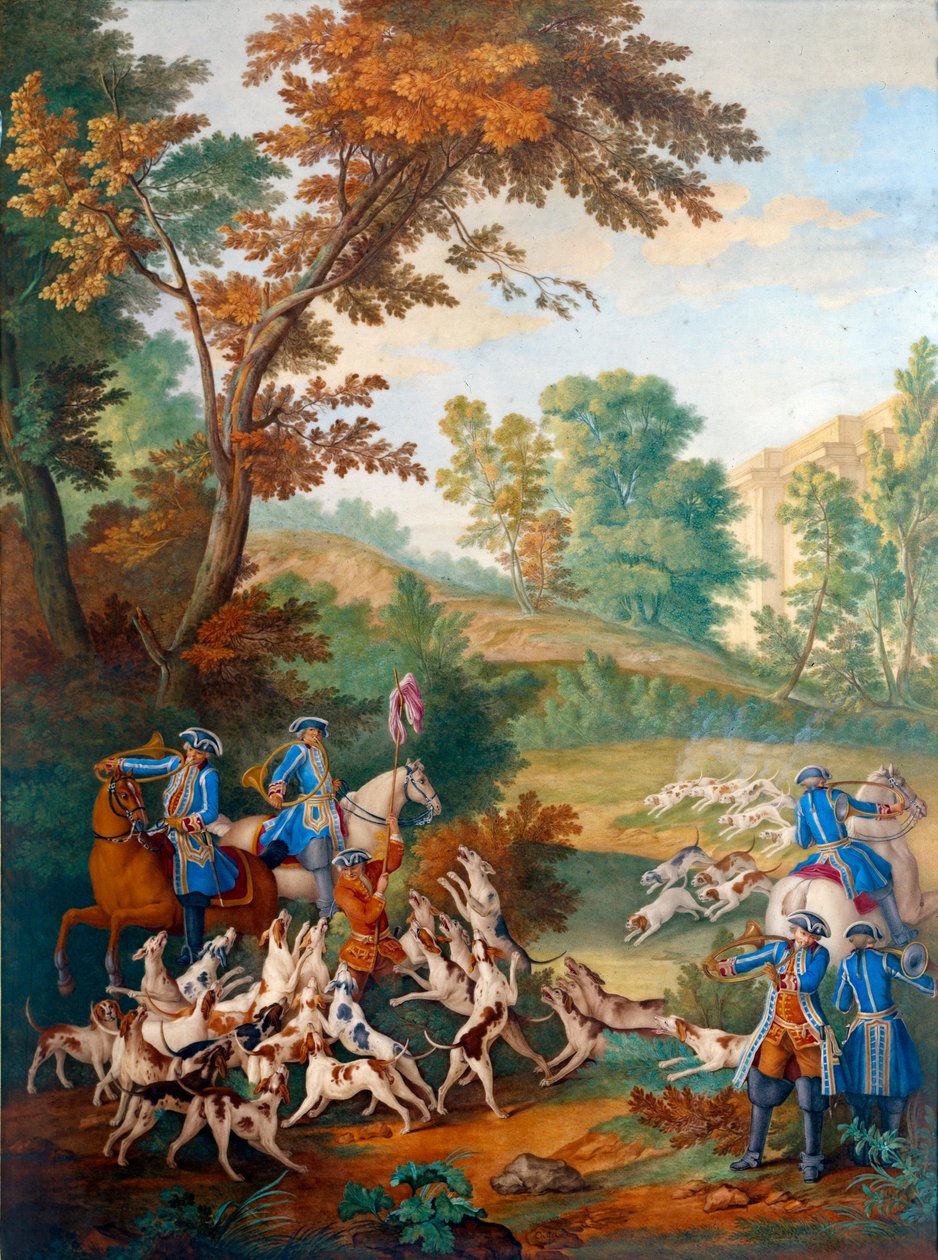 描绘路易十六 (1754-1793) 狩猎的牌匾：““年轻的狗的小治疗者或治疗结束时的论坛”“菲利普·卡斯特尔（约 1746-1797 年）的瓷器绘画，让·巴蒂斯特·奥德里（Jean Baptiste Oudry）（ 1686-1755) 1778-1781 太阳。 0.39x0.49 米 作者 让·巴蒂斯特（后）奥德利