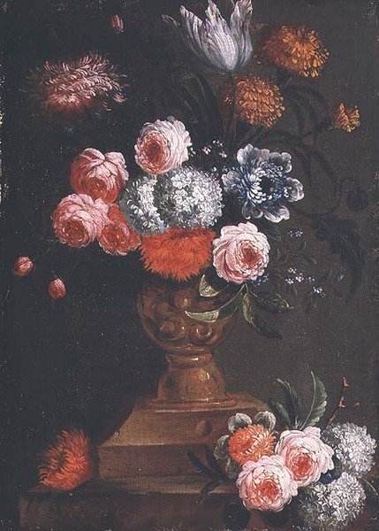 郁金香、万寿菊、紫云英、勿忘我、玫瑰和其他瓮中之花 作者 Jean Baptiste (attr. To) Bosschaert