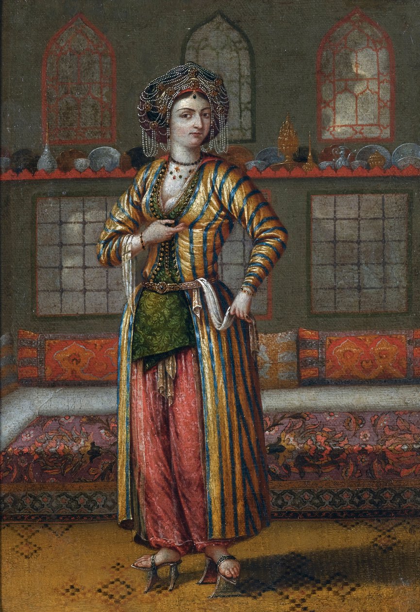 ""Portrait de femme de la noblesse de Constantinople chaussee de chaussures de hammam"" (A noble lady of Constantinople wearing Hammam shoes) Peinture de l