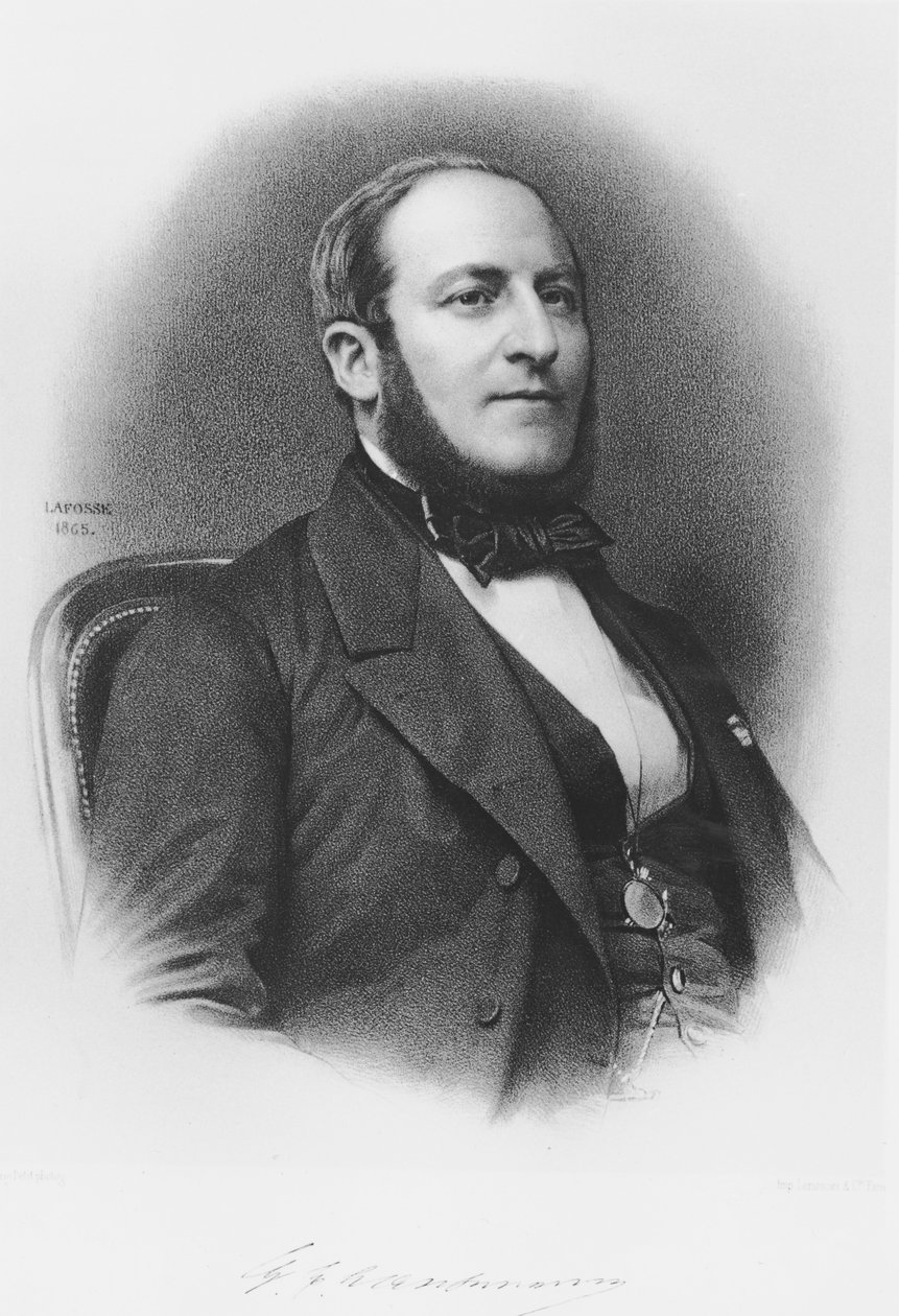 肖像Georges Eugene Haussmann（1809-91），1865年（bw雕刻） 作者 让·巴蒂斯特·阿道夫·拉福斯