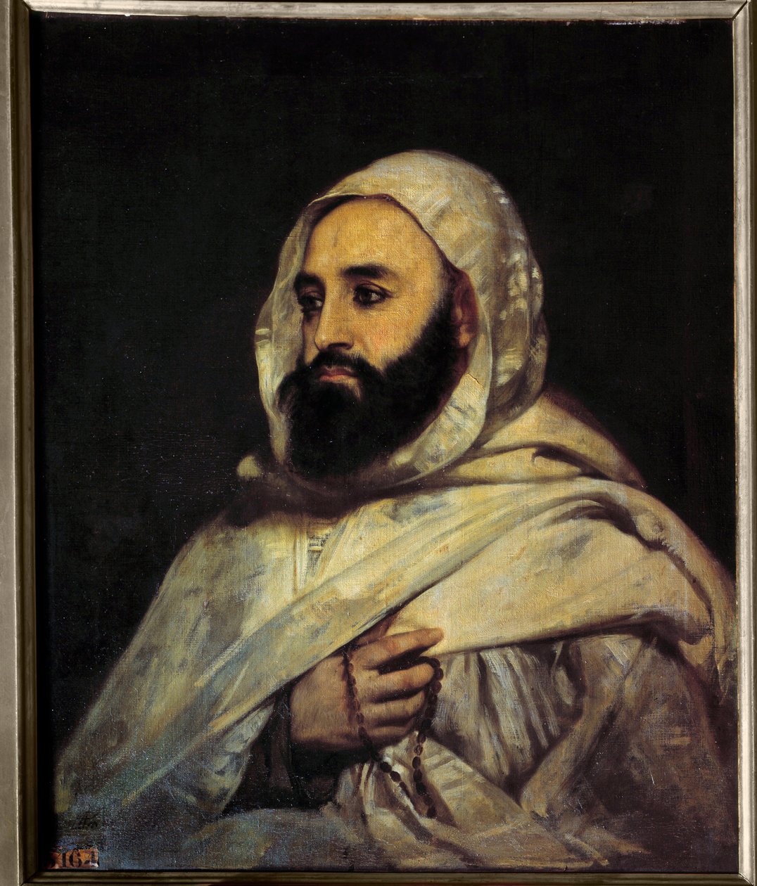 Ben Mahi Ed Din Abd El Kader (Abd El-Kader) (1808 - 1883) Emir Algerian (h s / t 0.72 x 0.59) 的肖像画，Angel Tissier (1814 - 1876) 凡尔赛宫。 城堡博物馆。 作者 让·巴蒂斯特·安格·蒂西尔