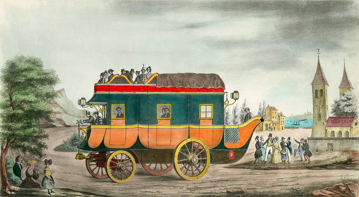 The car (or diligence) has steam: French invention of 1835. Engraving by Ange Tissier (1814-1876). 1835. Private collection 作者 让·巴蒂斯特·安格·蒂西尔