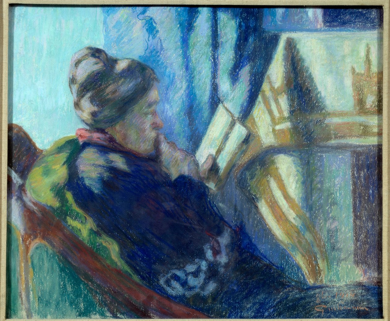 阅读 老妇人在她的椅子上看书。 Jean Baptiste Armand Guillaumin (1841-1927) 的绘画 19 世纪 Metz，Musee des Beaux Arts 作者 让·巴蒂斯特·阿曼德·纪尧姆