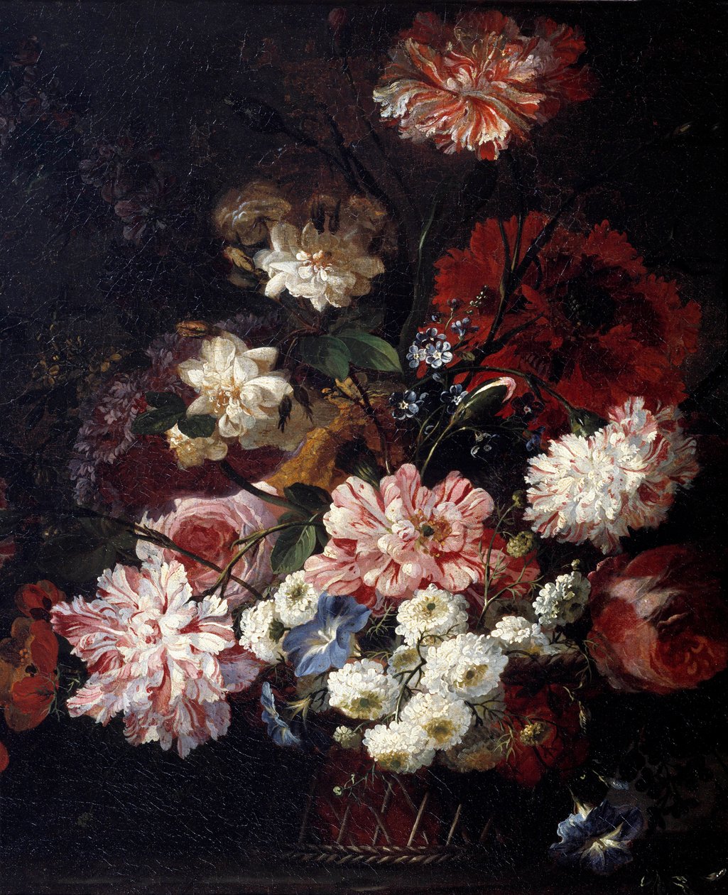 桌子上的一篮花 由 Jean Blin（或 Blain 或 Belin）绘画，Fontenay（1653-1715）17 世纪太阳。 0,46x0,55 米 作者 让·巴蒂斯特·贝林·德·丰特奈