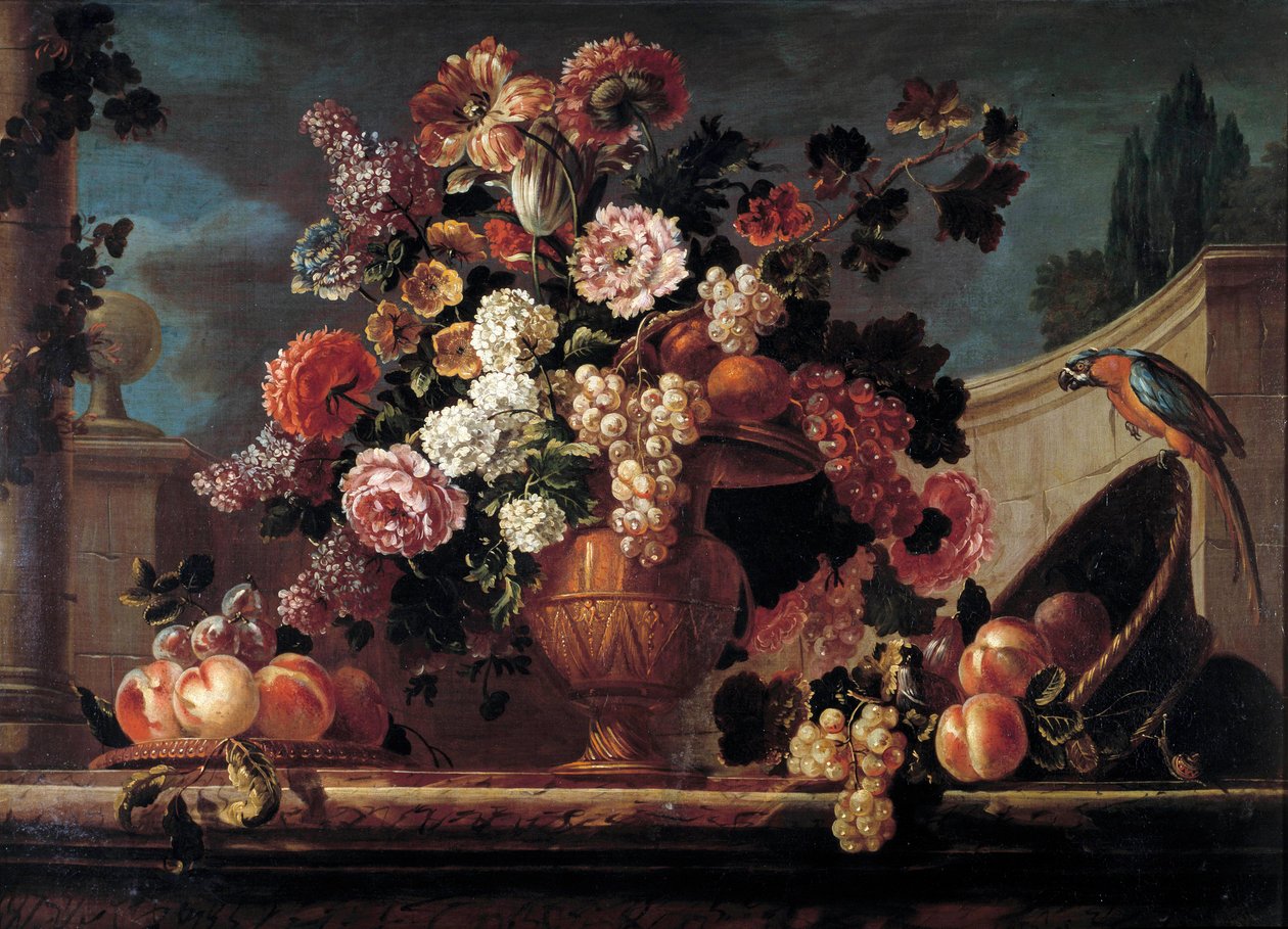 鲜花、水果和鹦鹉 Fontenay (1653-1715) 18 世纪奥尔良的 Jean Blin（或 Blain 或 Belin）的绘画。 美术博物馆 作者 让·巴蒂斯特·贝林·德·丰特奈