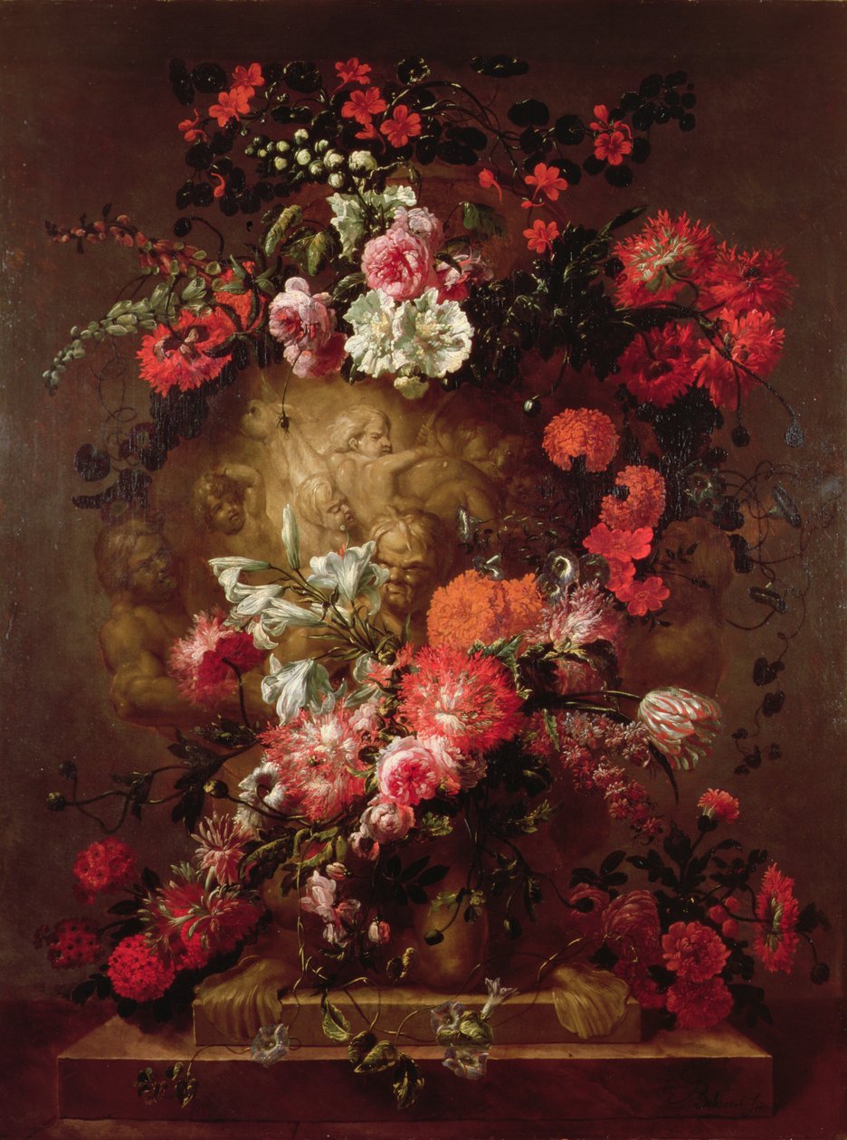 鲜花环绕巨大的骨灰盒 作者 让·巴蒂斯特（Jean Baptiste Bosschaert）