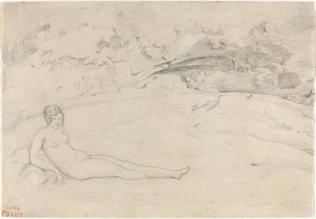 躺在风景中的裸体，1825-1828。 作者 让·巴蒂斯特·卡米尔·科罗