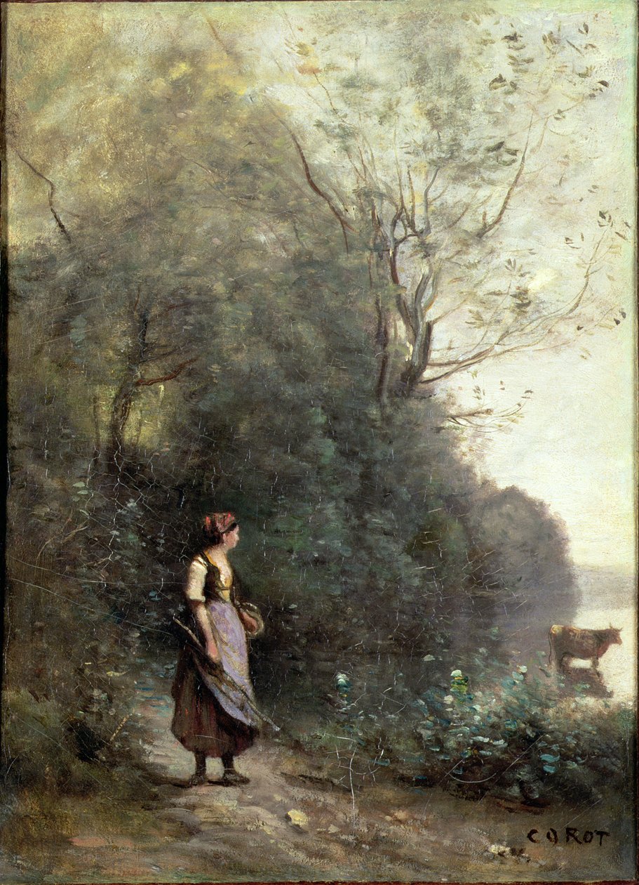 农民妇女在森林的边缘吃草一头母牛，c.1865-70 作者 让·巴蒂斯特·卡米尔·科罗