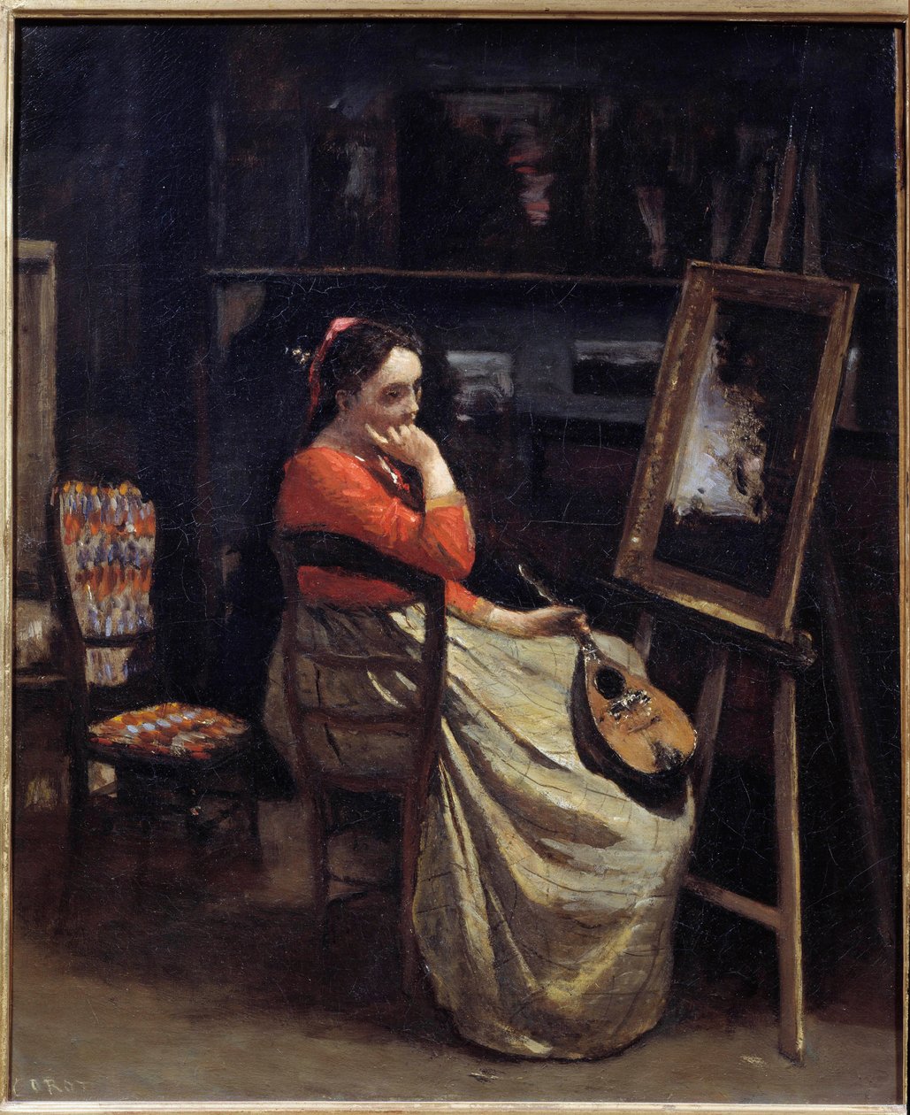 A pensive young woman, a mandolin in his hand, in the studio of the painter Painting by Camille Corot (1796-1875) 1865 Sun. 0,56x0,46 m Paris, Musee d