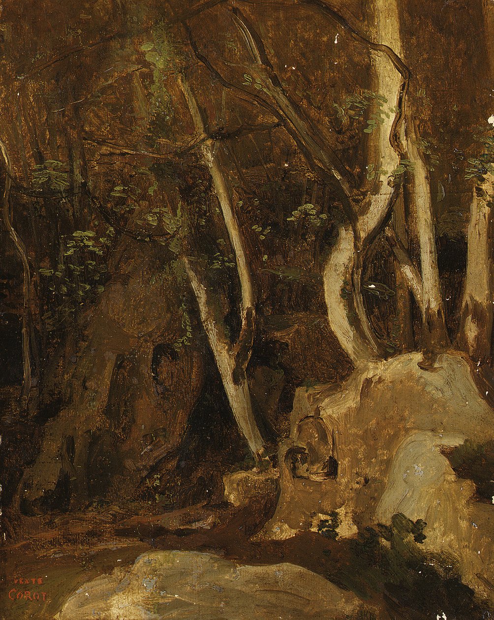 树木繁茂的岩石，奇维塔·卡斯特拉纳（Civita Castellana），1825-28年 作者 让·巴蒂斯特·卡米尔·科罗