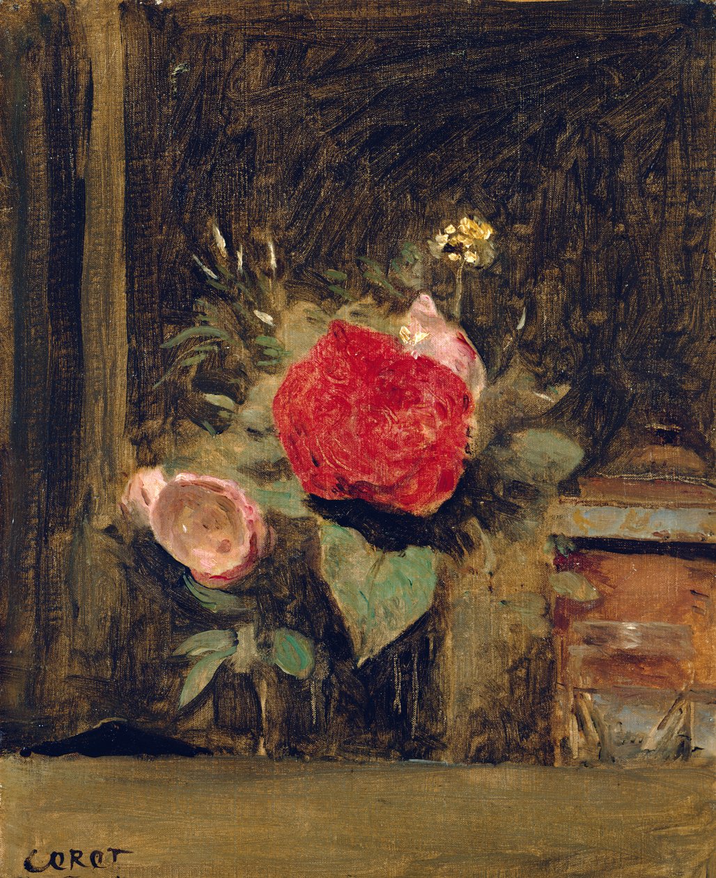 花束在烟草罐旁边的一块玻璃，c.1873-74 作者 让·巴蒂斯特·卡米尔·科罗
