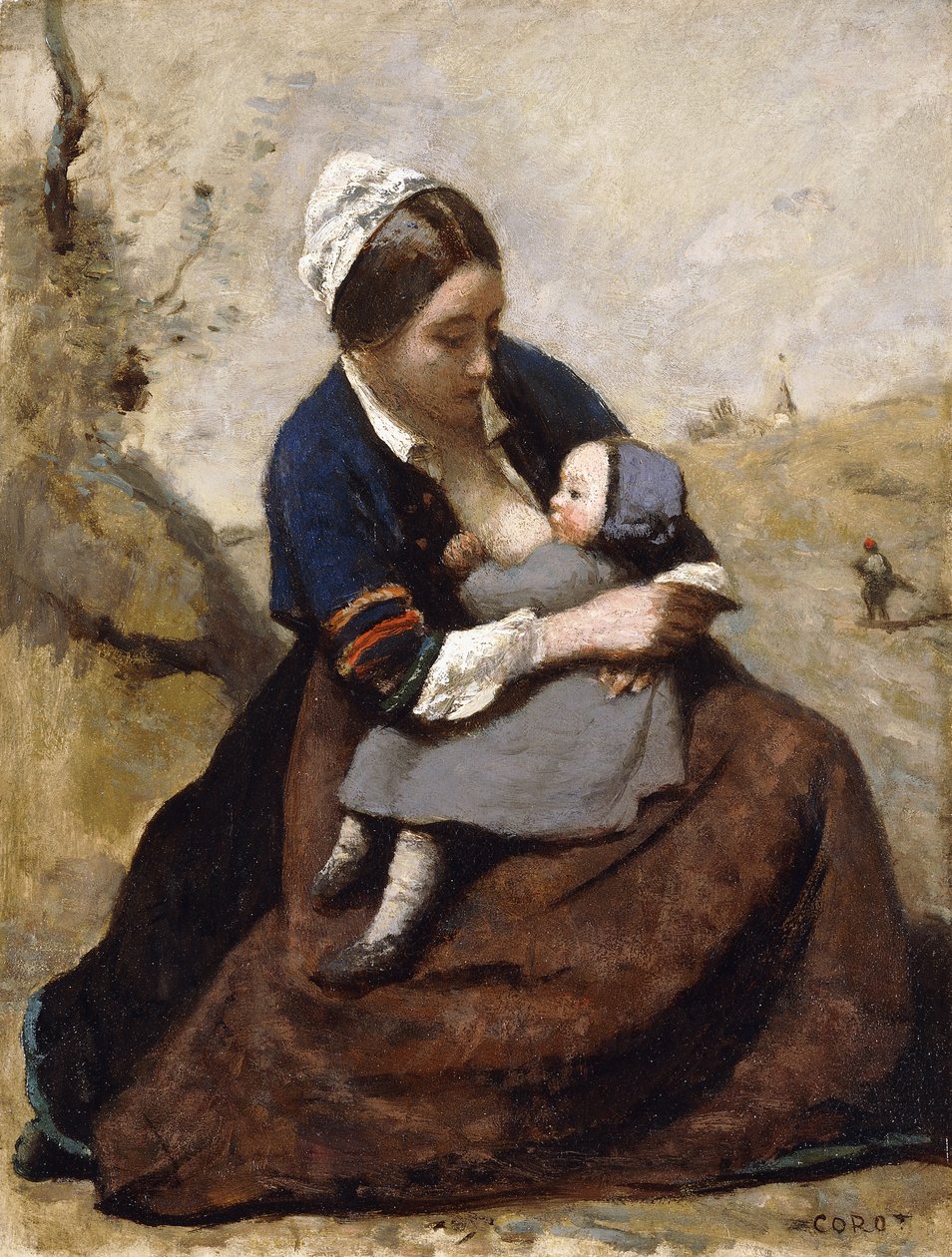 布列塔尼母乳喂养她的孩子；布雷顿（Bretonne）母乳喂养她的孩子，1855-1860年 作者 让·巴蒂斯特·卡米尔·科罗