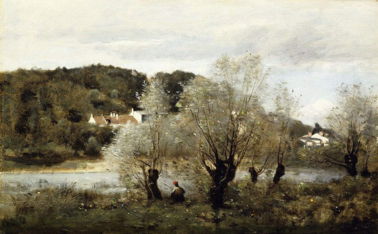 阿瓦里村池塘边的渔夫； Pecheur au Bord de L“ Etang a Ville d” Avray，约1850-55年 作者 让·巴蒂斯特·卡米尔·科罗