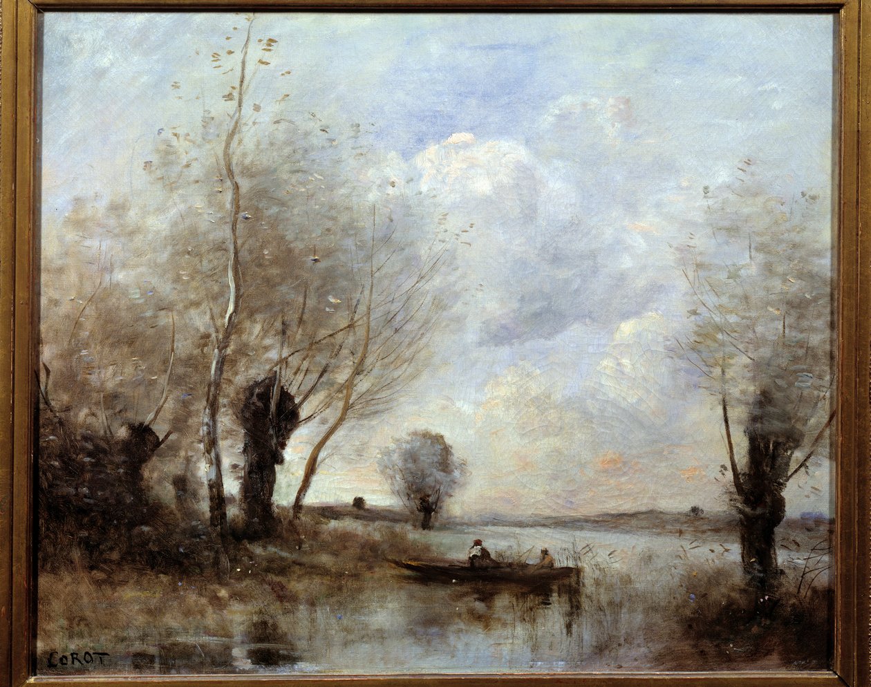 在柳树旁的船上钓鱼 卡米尔·柯罗 (Camille Corot) (1796-1875) 的画作 19 世纪兰斯，美术博物馆 作者 让·巴蒂斯特·卡米尔·科罗