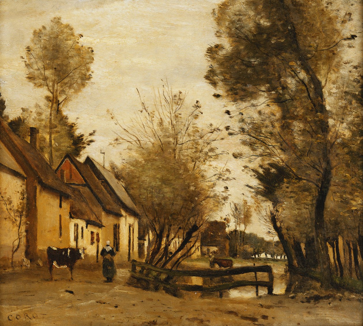 Flesselles，有农民和牛的街道； Flesselles，一条有农民妇女和她的牛的街道，约1862-1865年 作者 让·巴蒂斯特·卡米尔·科罗