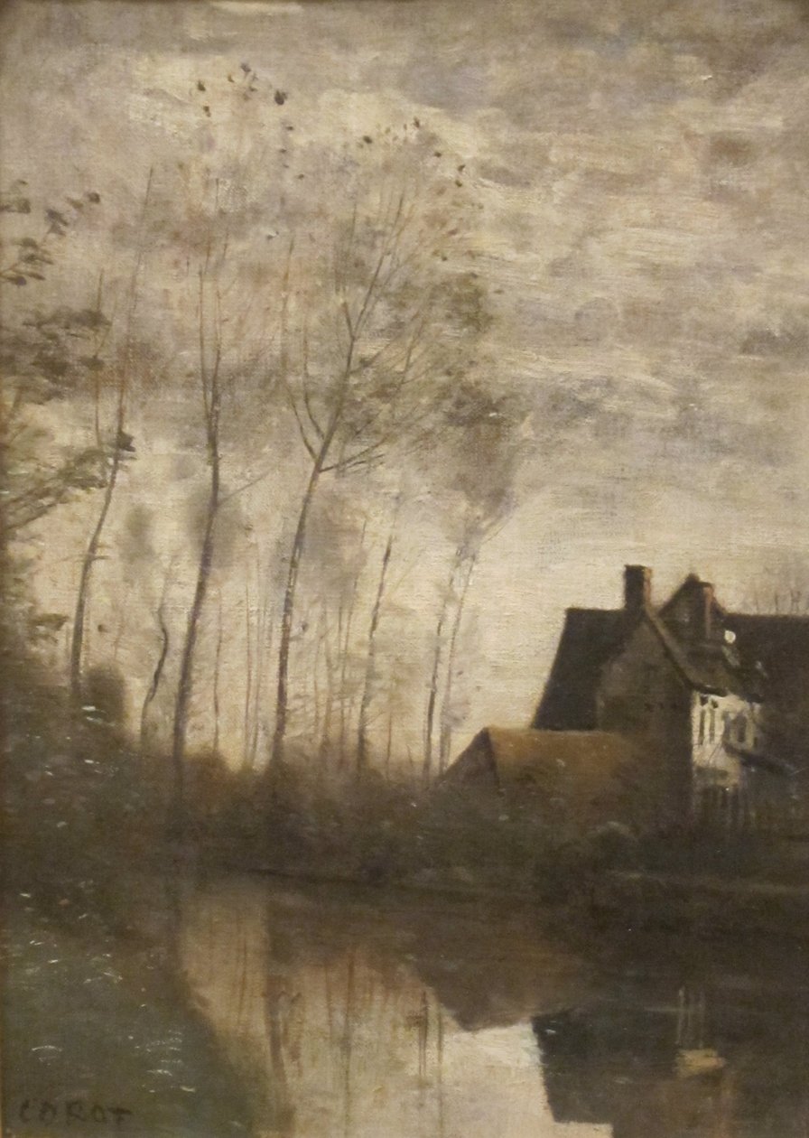 法文：Scène de rivière avec maisons et peupliers 河流与房屋和杨树的景色 作者 让·巴蒂斯特·卡米尔·科罗