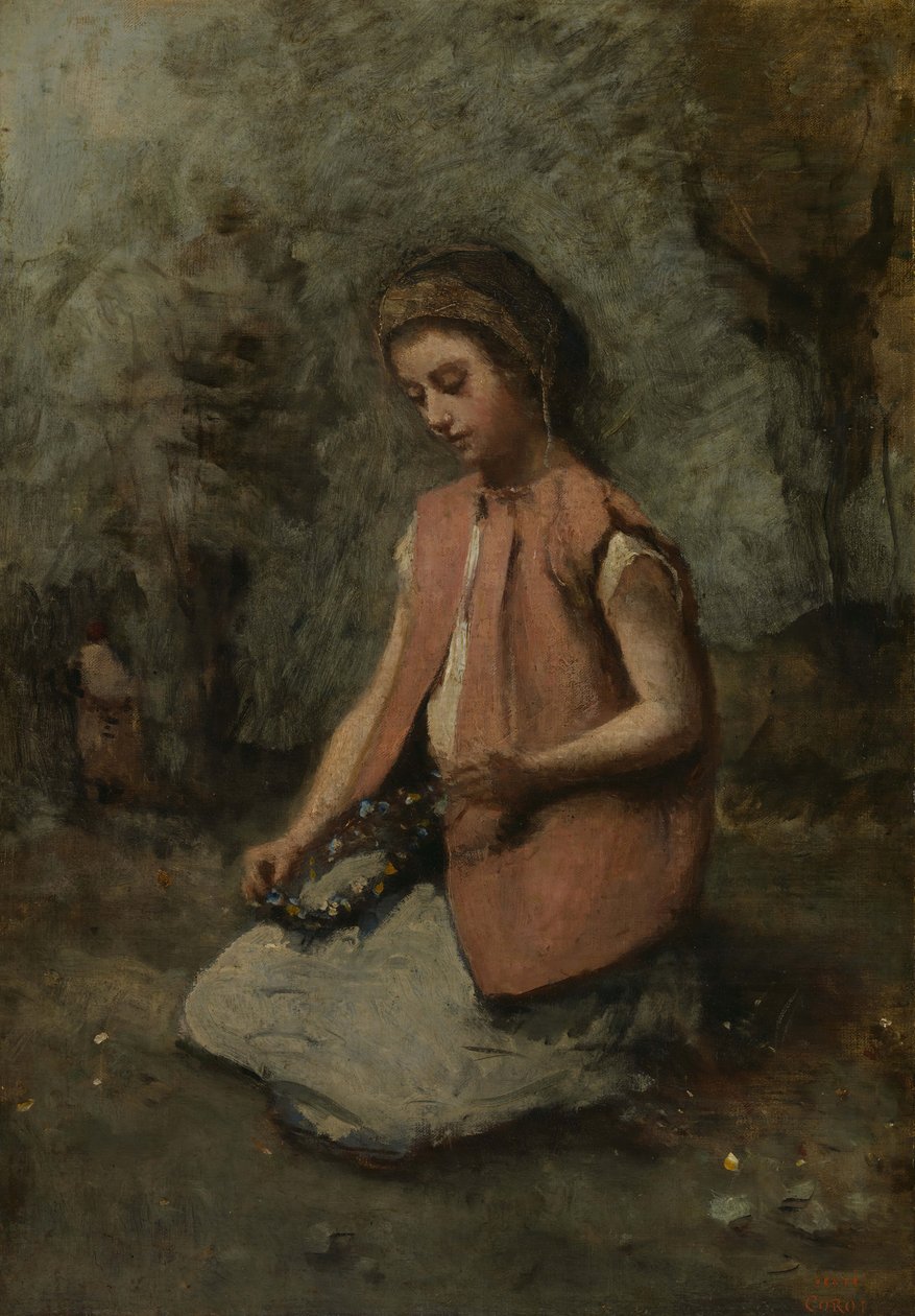 编织花环的女孩，1806-65岁。 作者 让·巴蒂斯特·卡米尔·科罗