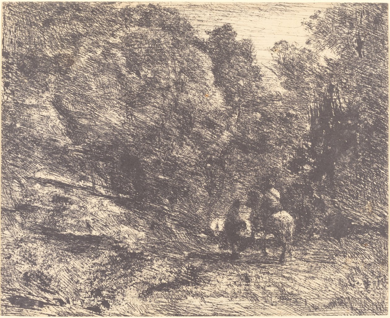 森林中的骑士和流浪者 Le Cavalier en forêt et le piéton, 1854. 作者 让·巴蒂斯特·卡米尔·科罗