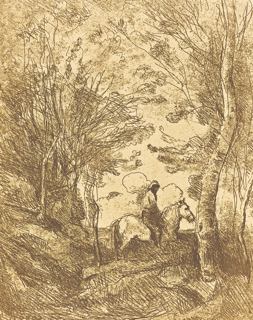 树林中的骑士，大版画《大骑士》（Le Grand Cavalier sous bois），约1854年。 作者 让·巴蒂斯特·卡米尔·科罗