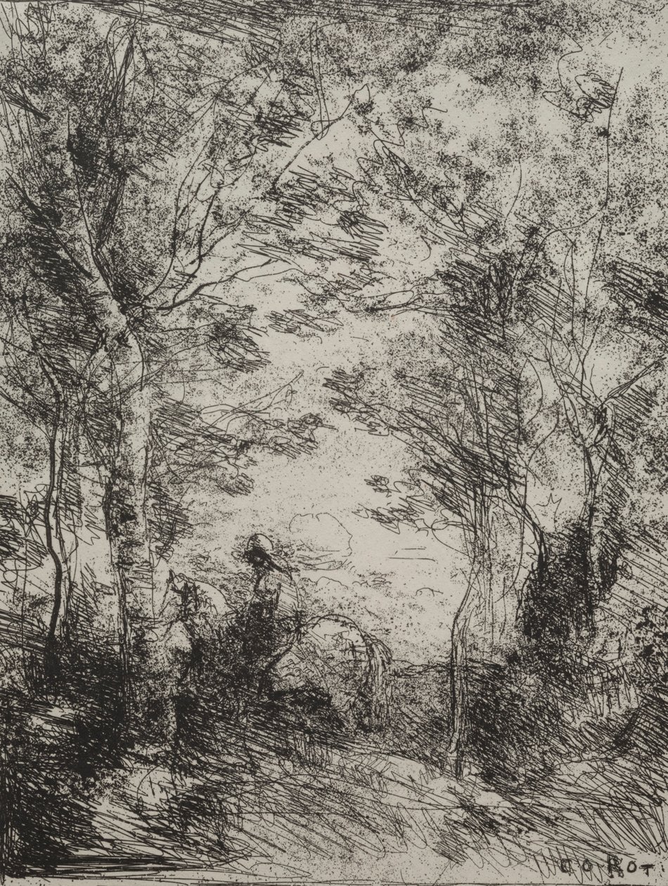 树林中的骑士，1854年的原始印象，1921年印刷。 作者 让·巴蒂斯特·卡米尔·科罗