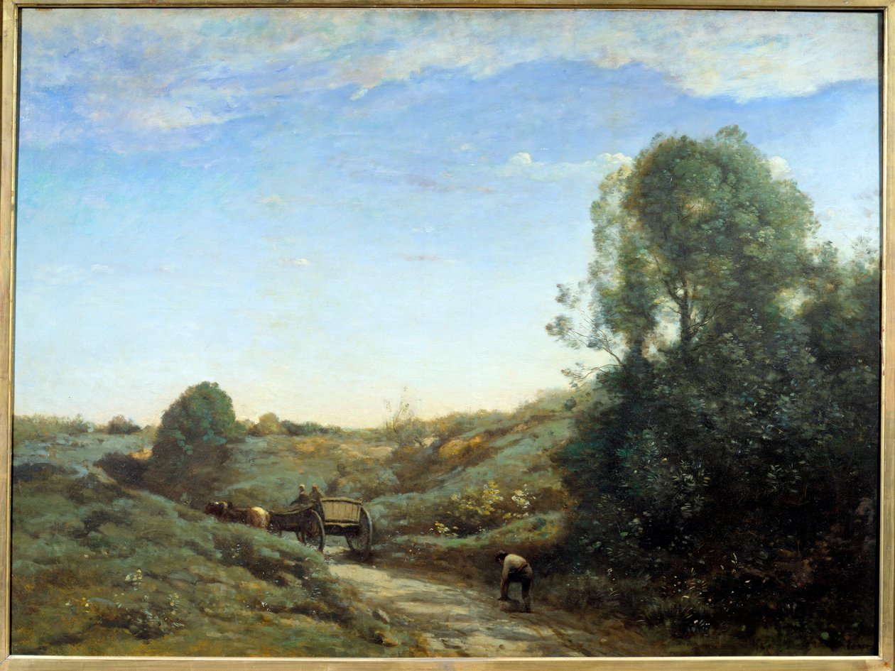 La Charrette - Marcoussis 的纪念品（靠近 Montlhery）。 卡米尔·柯罗 (Camille Corot) (1796-1875) 的画作，大约 1855 年。布面油画。 昏暗：0,97 x 1,30m。 巴黎，奥赛博物馆 作者 让·巴蒂斯特·卡米尔·科罗