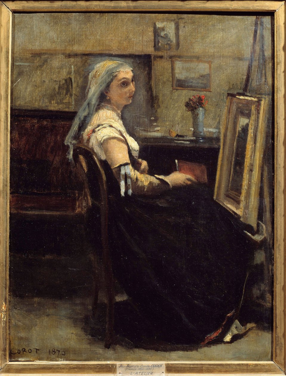 画架前的工作室或女人 卡米尔·柯罗 (Camille Corot) (1796-1875) 1870 年的绘画。 0.63x0.48 m 里昂，美术博物馆 作者 让·巴蒂斯特·卡米尔·科罗