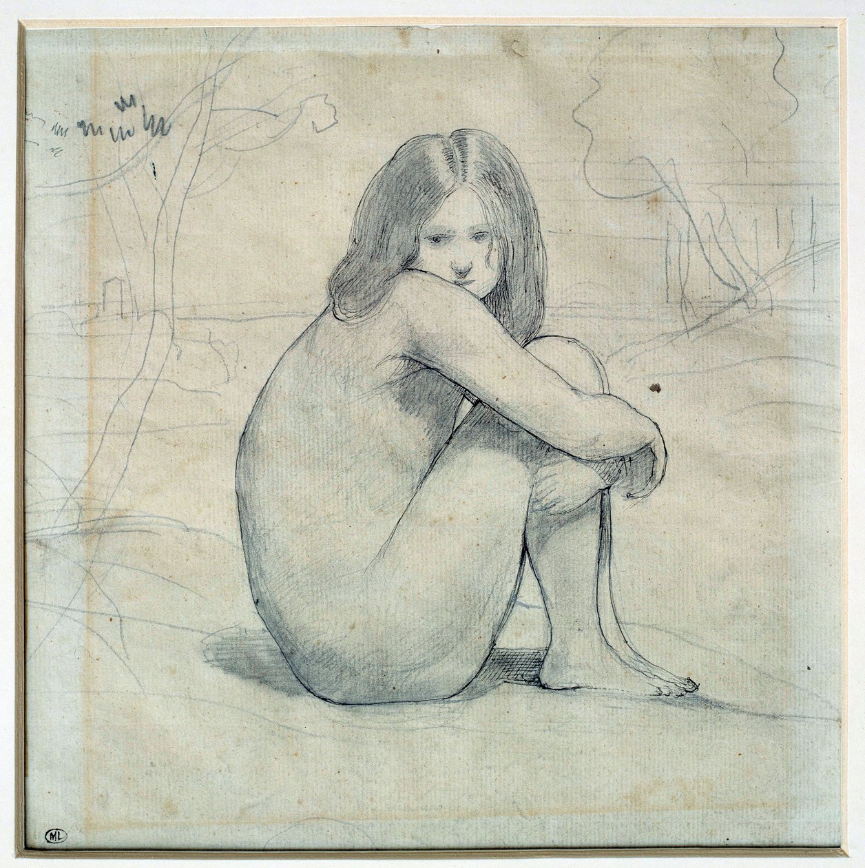 坐在风景中的小女孩 铅笔画和黑色墨水 作者 Camille Corot (1796-1875) 19 世纪 Sun。 0,22x0,26 m 巴黎，卢浮宫 作者 让·巴蒂斯特·卡米尔·科罗