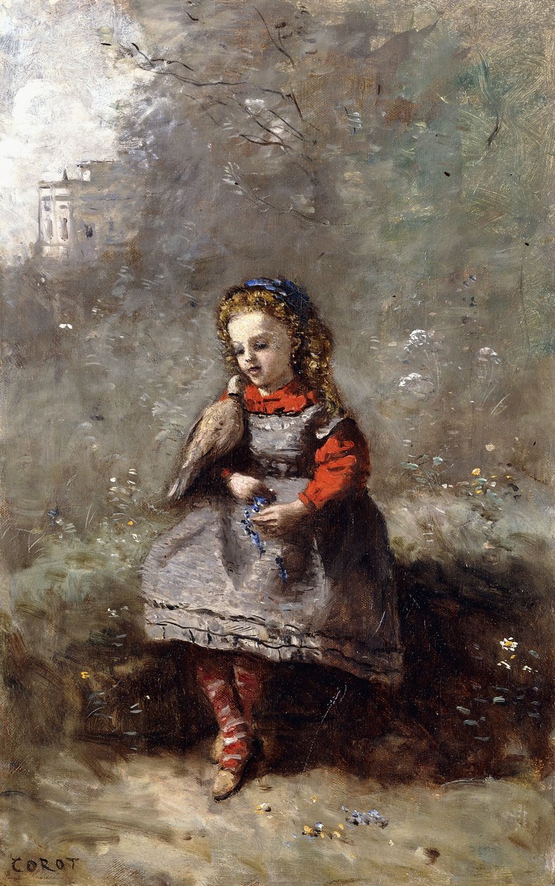 法国少女。抱着鸽子的Leotine Desavary，1872年 作者 让·巴蒂斯特·卡米尔·科罗