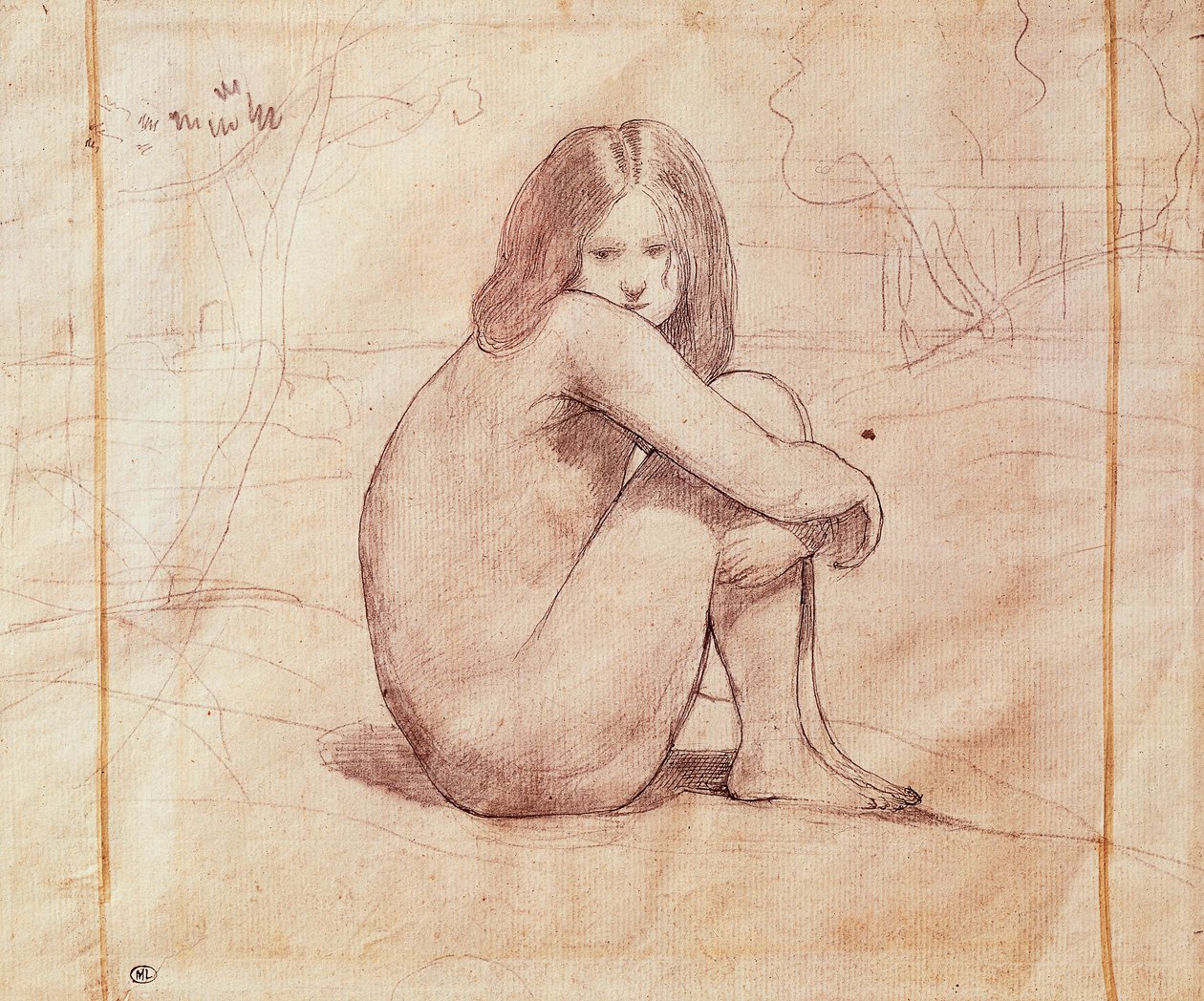 Naked girl sitting, drawing by Jean-Baptiste-Camille Corot (1796-1875) 作者 让·巴蒂斯特·卡米尔·科罗
