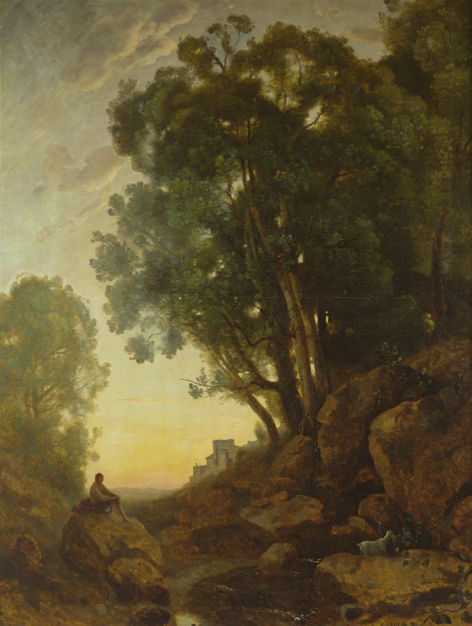 意大利牧羊人，或夕阳的影响，c.1847 作者 让·巴蒂斯特·卡米尔·科罗