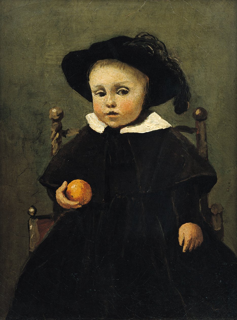 画家Adolphe Desbrochers（1841-1902）作为一个孩子，持有橙色，1845年 作者 让·巴蒂斯特·卡米尔·科罗
