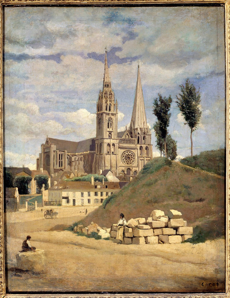 沙特尔大教堂。 沙特尔圣母院 (Notre-Dame) 的外景 - Camille Corot (1796-1875) 的绘画 作者 让·巴蒂斯特·卡米尔·科罗