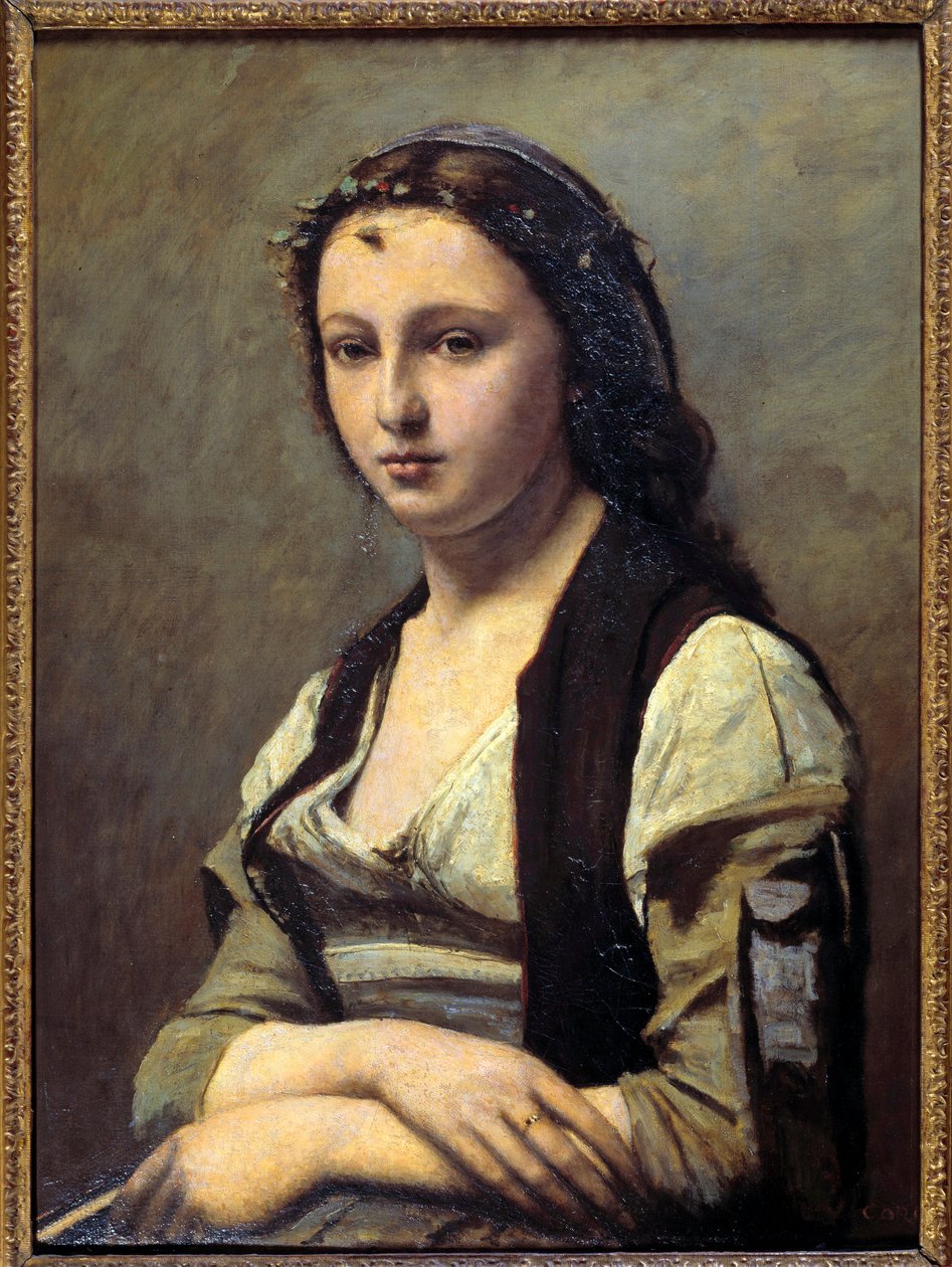 女人拥有珍珠。卡米尔-柯罗（1796-1875）的画作 作者 让·巴蒂斯特·卡米尔·科罗
